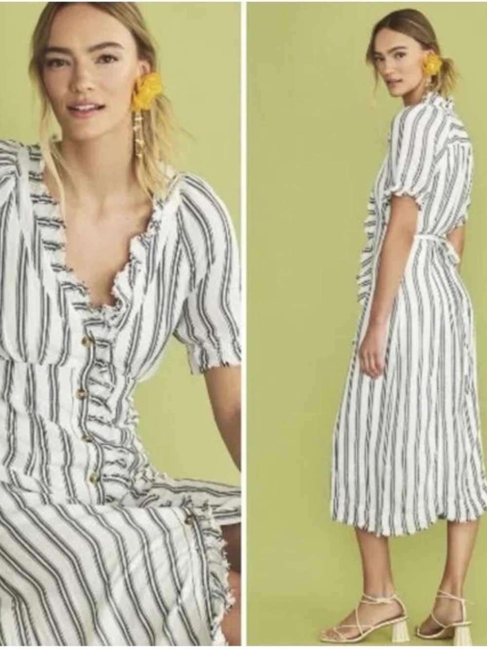 Anthropologie White and Navy Striped Ruffle Button-Front Maxi Dress